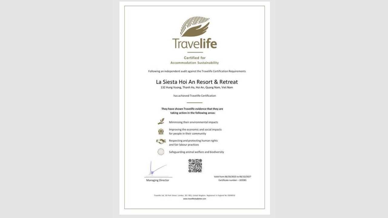 La Siesta Hoi An Resort Travelife certificate
