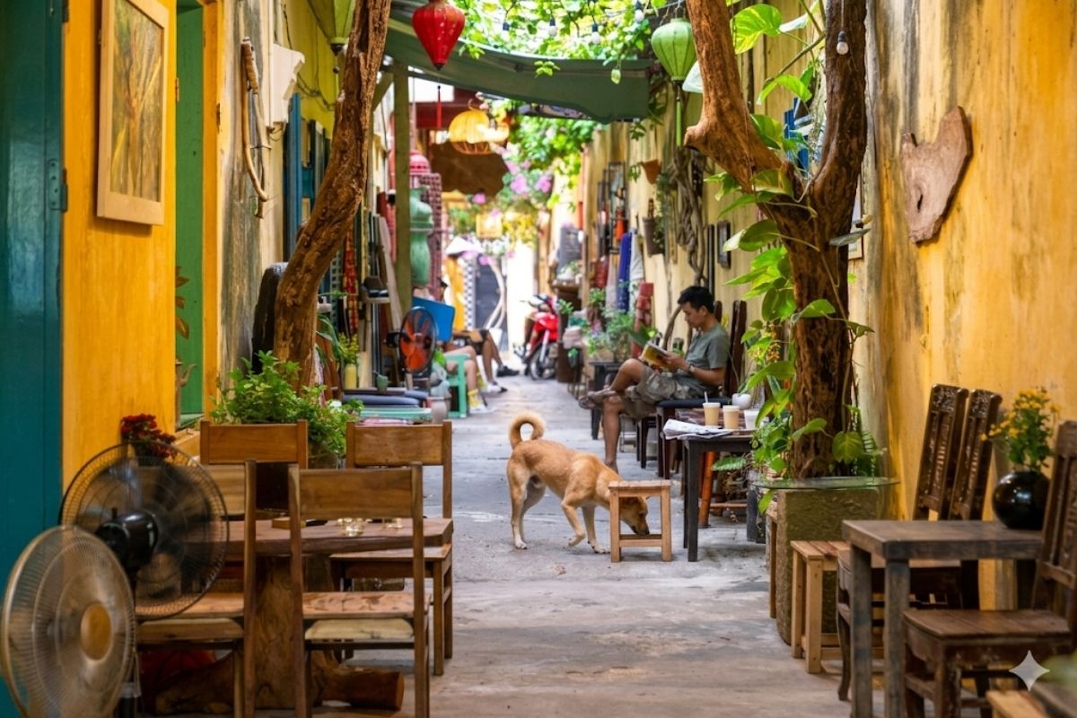 Không gian quán Hoi An Coffee Hub với khu vườn xanh mát và trải nghiệm cà phê yên tĩnh tại Hội An