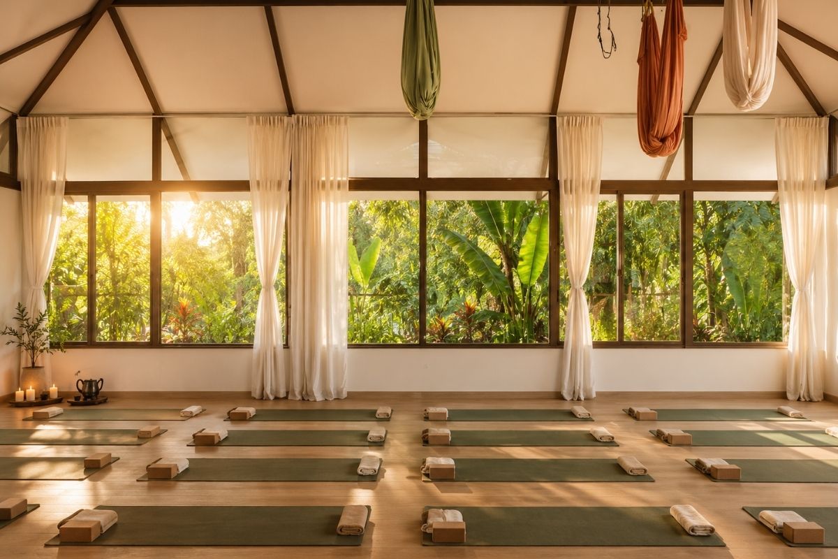 studio OM Đây Yoga Hội An yên bình với thảm tập và ánh hoàng hôn ấm áp