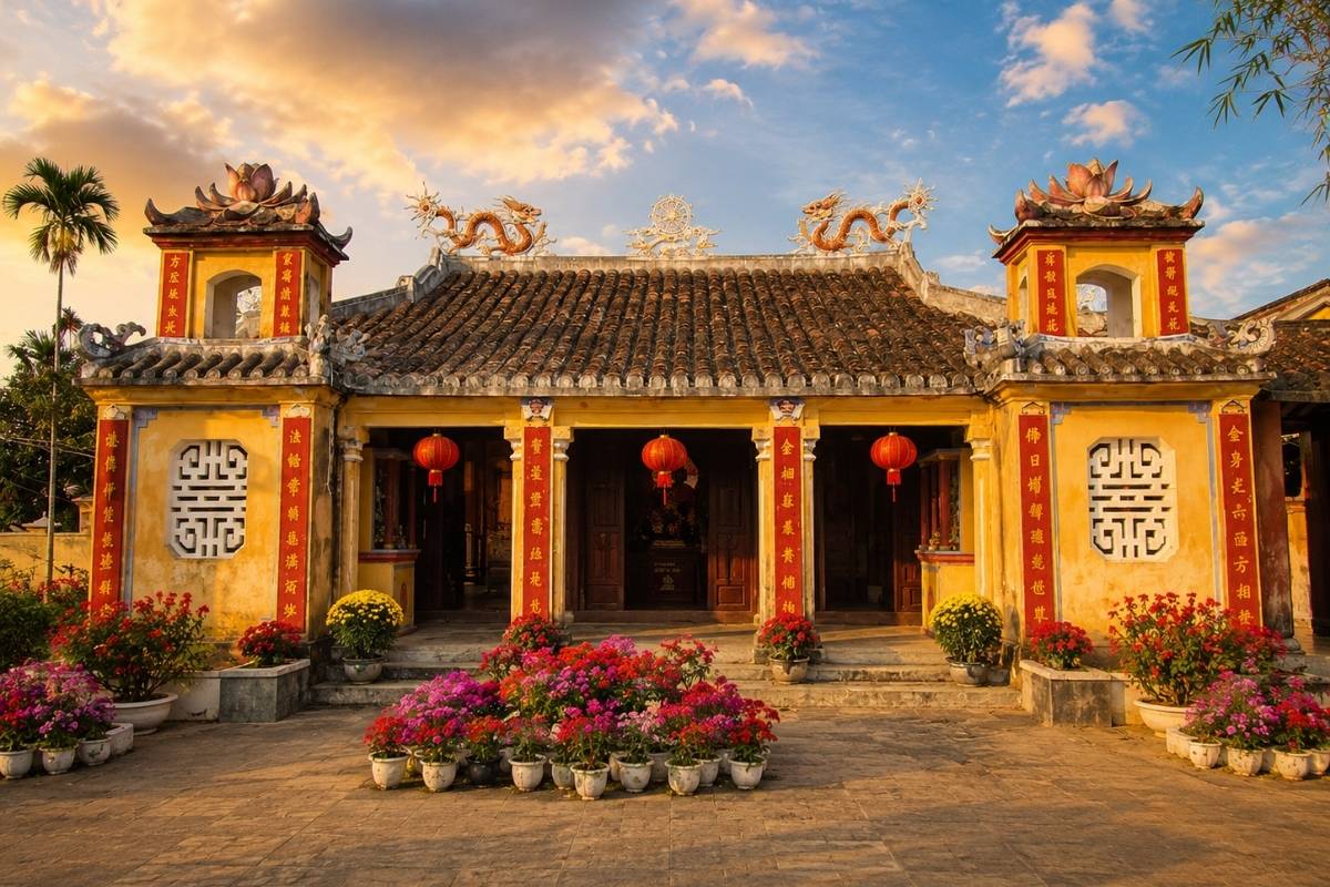 Chùa Kim Bửu lúc hoàng hôn với hoa rực rỡ và đèn lồng