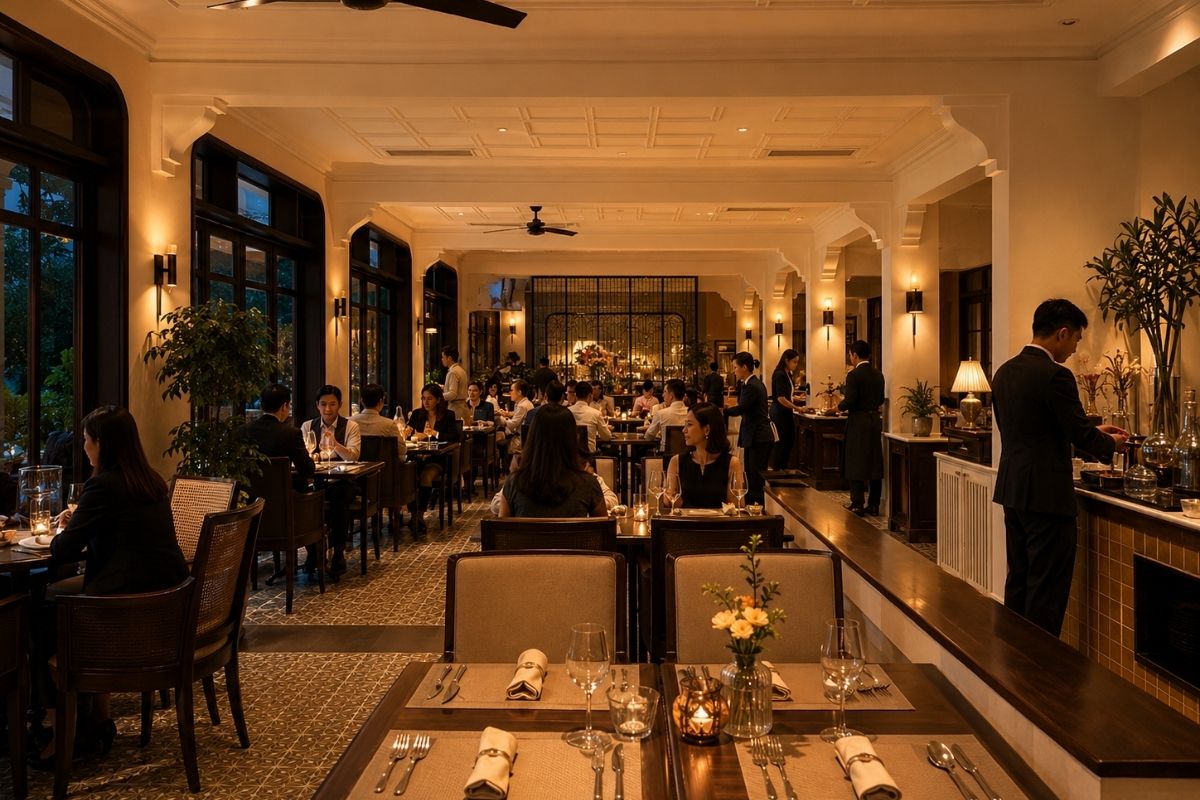 Melody Fine Dining Restaurant với ánh đèn ấm áp và thực khách đang dùng bữa tối