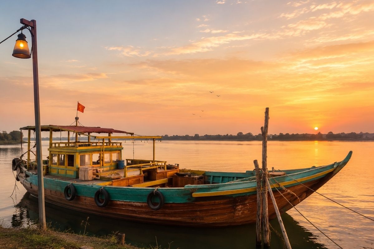 tra nhieu village with a boat on the shore at sunset