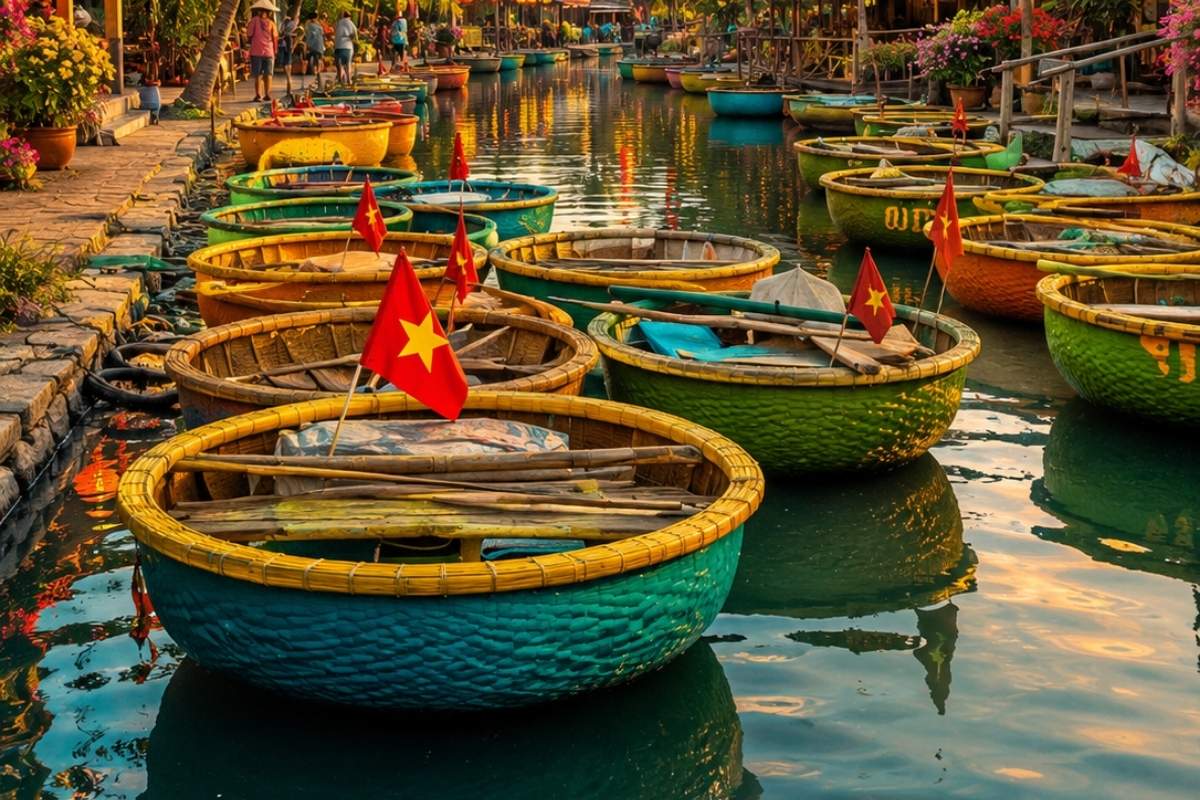 van lang fishing village with boats docked along the calm waterway