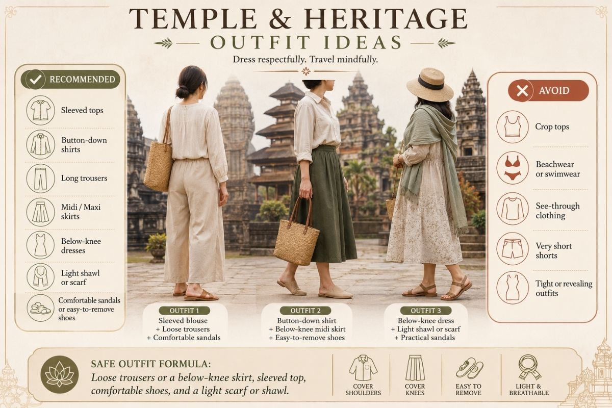 Infographic showing modest temple and heritage outfits