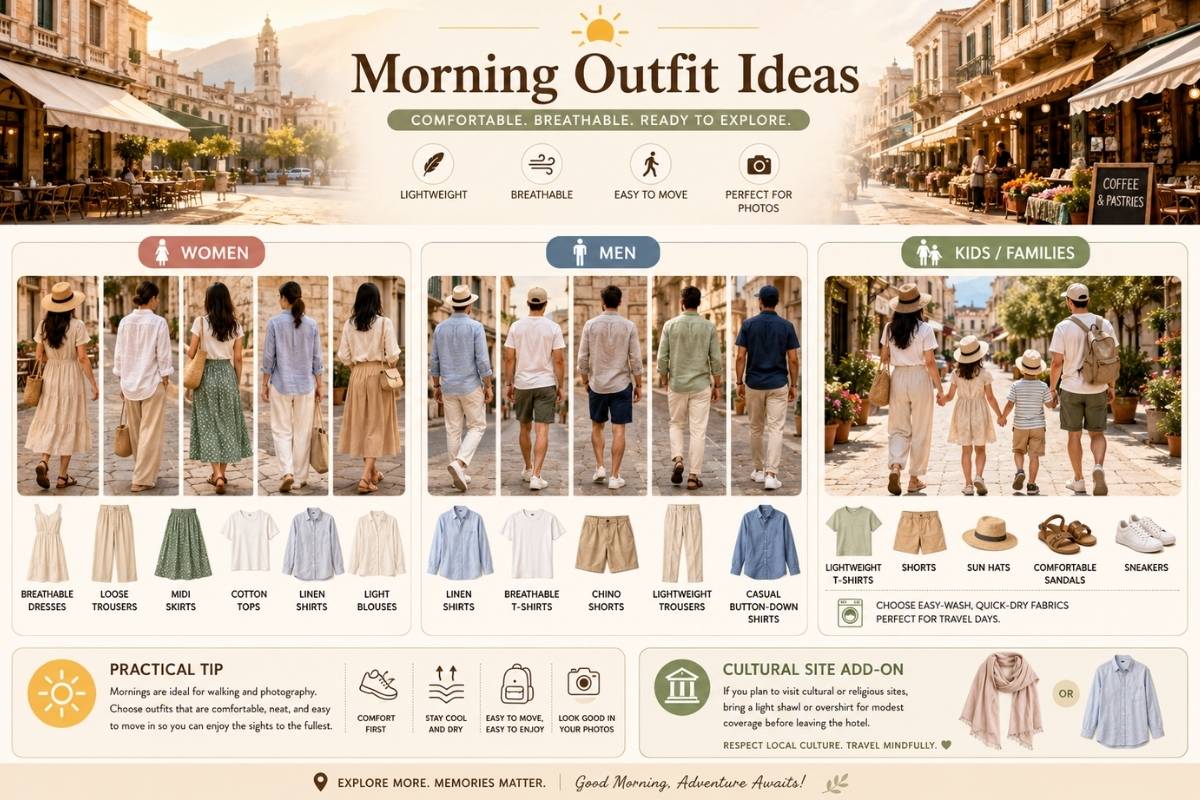 Infographic showing morning outfit ideas answer the question what to wear in hoi an