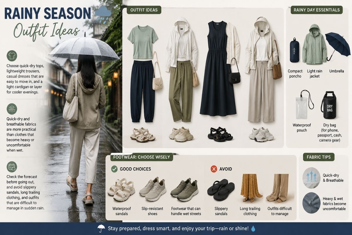Infographic showing rainy season sightseeing outfit ideas
